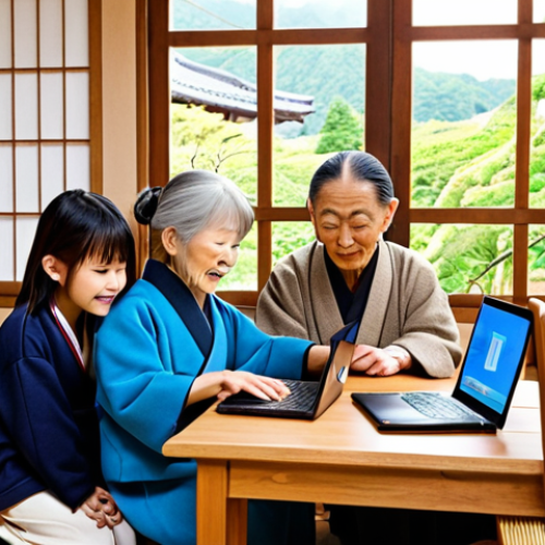 **

Prompt: "Intergenerational community center in renovated traditional Japanese house (空き家). Children learning programming with laptops, elderly learning smartphone use, bright and welcoming atmosphere, community garden visible through window, soft natural lighting."

**
