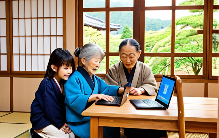 **

Prompt: "Intergenerational community center in renovated traditional Japanese house (空き家). Children learning programming with laptops, elderly learning smartphone use, bright and welcoming atmosphere, community garden visible through window, soft natural lighting."

**