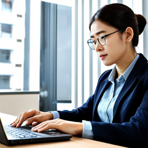 A professional social welfare worker (社会福祉士) in modest business attire, fully clothed, sitting at a clean, modern desk in a well-lit office, reviewing documents on a laptop, with a thoughtful and determined expression. The background shows a neat, professional workspace. Perfect anatomy, correct proportions, natural pose, well-formed hands, proper finger count, natural body proportions, professional photography, high quality, realistic, safe for work, appropriate content, professional.