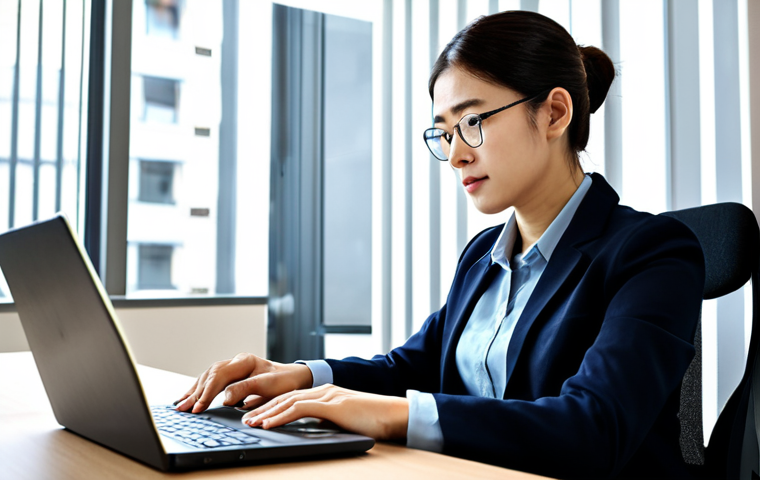 A professional social welfare worker (社会福祉士) in modest business attire, fully clothed, sitting at a clean, modern desk in a well-lit office, reviewing documents on a laptop, with a thoughtful and determined expression. The background shows a neat, professional workspace. Perfect anatomy, correct proportions, natural pose, well-formed hands, proper finger count, natural body proportions, professional photography, high quality, realistic, safe for work, appropriate content, professional.