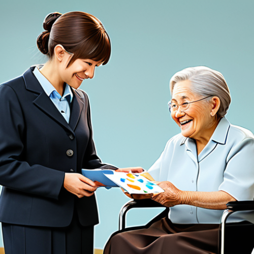 Elderly Care Facility**

"A smiling social worker in professional attire talking to an elderly woman in a wheelchair. A volunteer is present, handing the woman a handmade birthday card. Warm, inviting atmosphere, fully clothed, appropriate content, safe for work, perfect anatomy, natural proportions, family-friendly scene, high quality illustration in anime style"

**