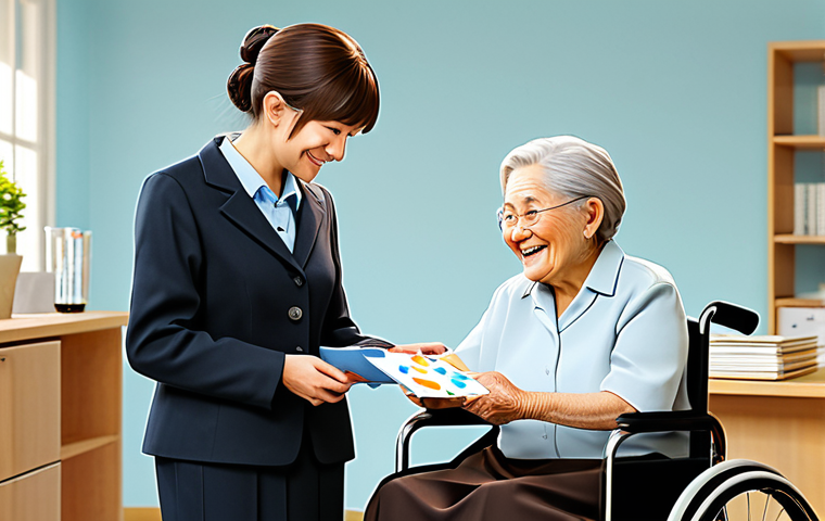 Elderly Care Facility**

"A smiling social worker in professional attire talking to an elderly woman in a wheelchair. A volunteer is present, handing the woman a handmade birthday card. Warm, inviting atmosphere, fully clothed, appropriate content, safe for work, perfect anatomy, natural proportions, family-friendly scene, high quality illustration in anime style"

**