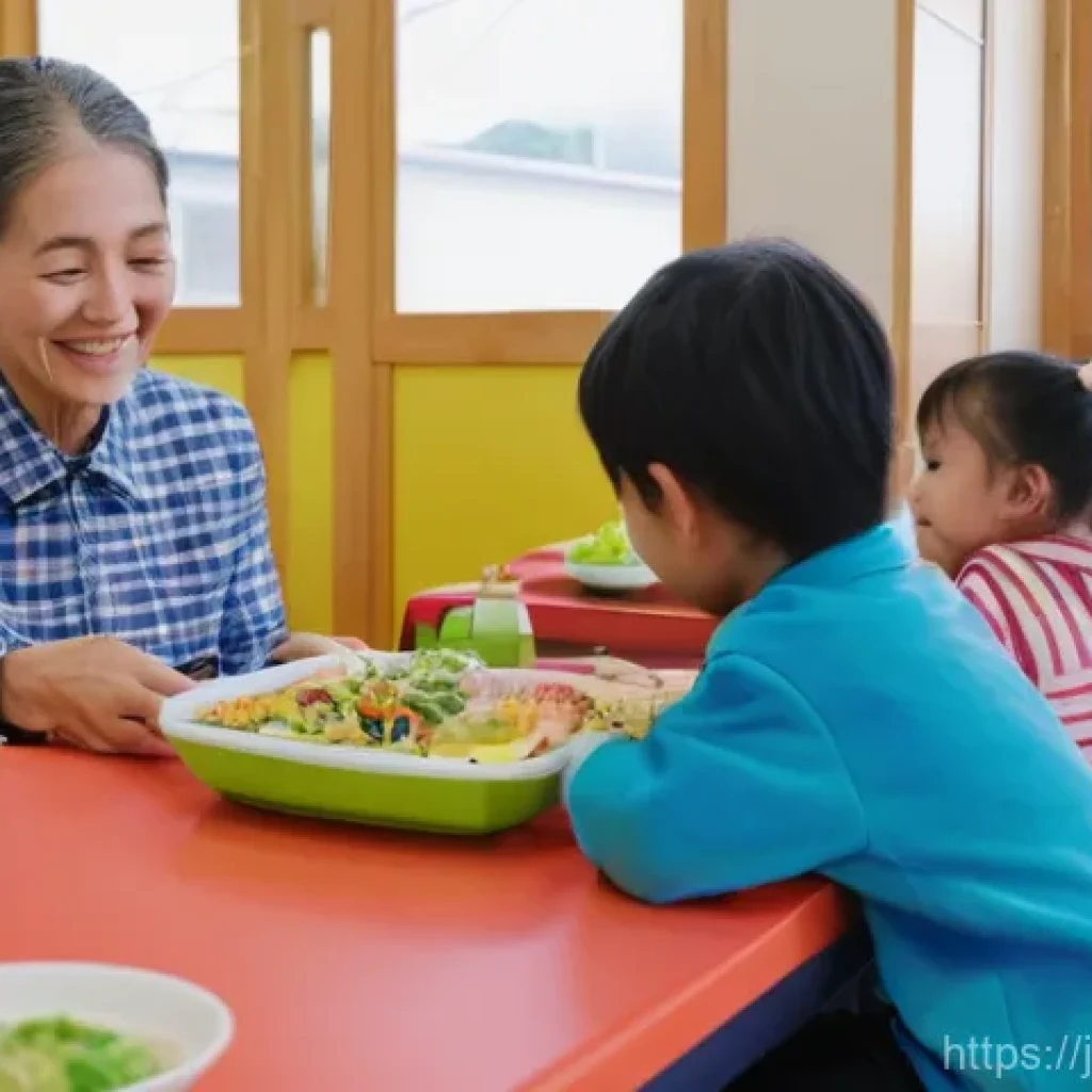 사회복지사 지역 복지 연구 사례 - A heartwarming scene at a vibrant community children's cafeteria (こども食堂, kodomo shokudo) in a modern...