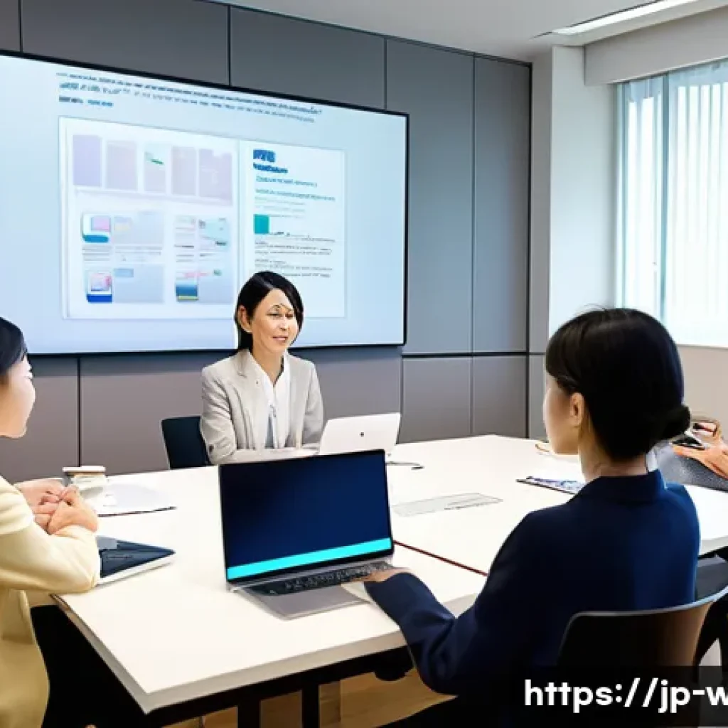 사회복지사 보수 교육 최신 정보 - A professional Japanese social worker in modern office attire, actively participating in a hybrid tr...