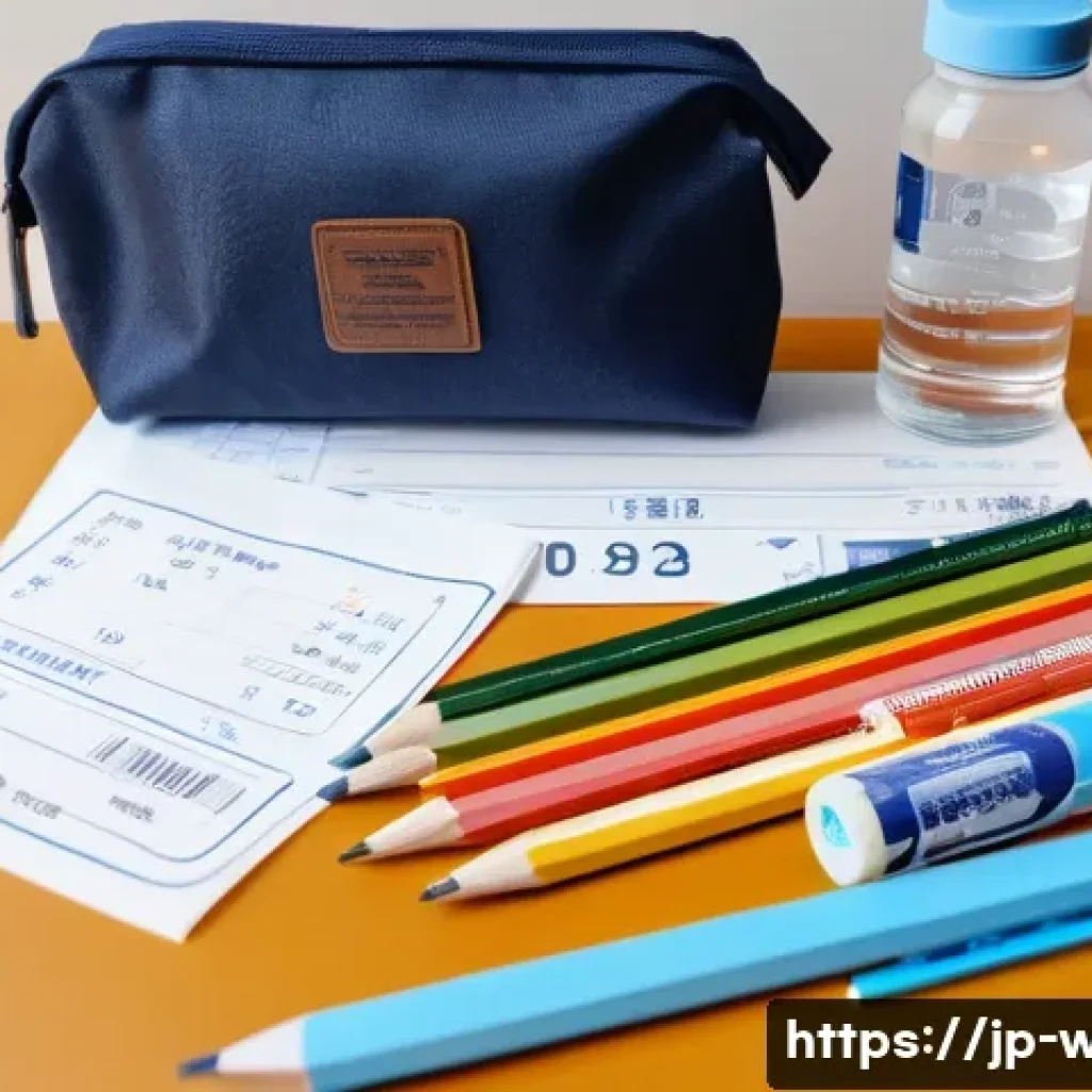 사회복지사 1급 시험 필수 준비물 - A detailed scene of a Japanese student’s study desk on the eve of an important exam, featuring neatl...