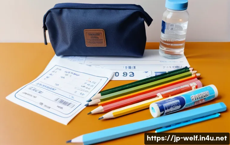 사회복지사 1급 시험 필수 준비물 - A detailed scene of a Japanese student&rsquo;s study desk on the eve of an important exam, featuring neatl...
