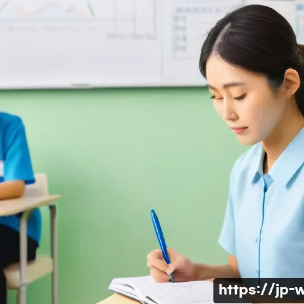 사회복지사 현장 학습 노하우 - A young Japanese social work intern calmly taking notes during a field training session at a communi...