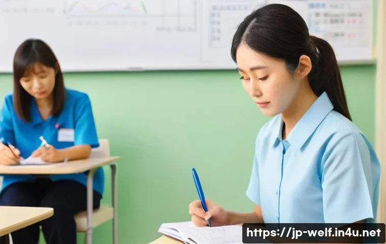 사회복지사 현장 학습 노하우 - A young Japanese social work intern calmly taking notes during a field training session at a communi...
