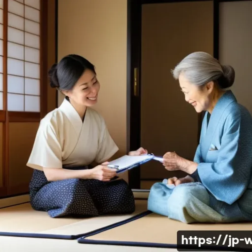 사회복지사와 사회복지 연구 사례 - A compassionate social worker visiting an elderly Japanese woman&rsquo;s home in a quiet residential neigh...