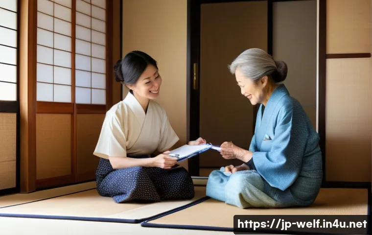 사회복지사와 사회복지 연구 사례 - A compassionate social worker visiting an elderly Japanese woman&rsquo;s home in a quiet residential neigh...