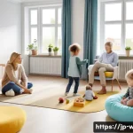 사회복지사 해외 복지 시스템 비교 - A modern Scandinavian welfare center scene in Sweden or Denmark, showing diverse families receiving ...