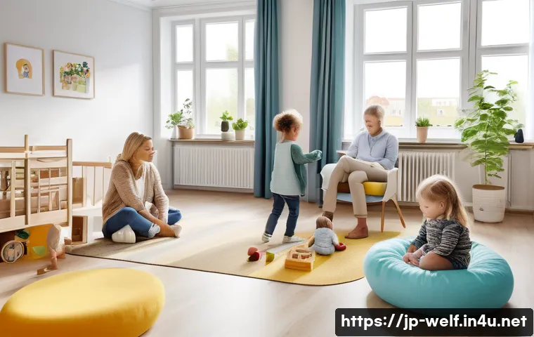 사회복지사 해외 복지 시스템 비교 - A modern Scandinavian welfare center scene in Sweden or Denmark, showing diverse families receiving ...