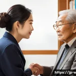 사회복지사로서의 전문성 개발 - A compassionate social worker engaging in empathetic communication with an elderly Japanese client i...