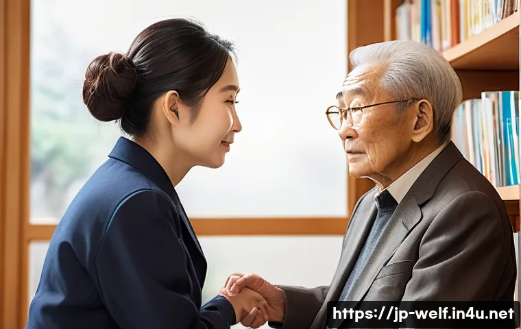 사회복지사로서의 전문성 개발 - A compassionate social worker engaging in empathetic communication with an elderly Japanese client i...