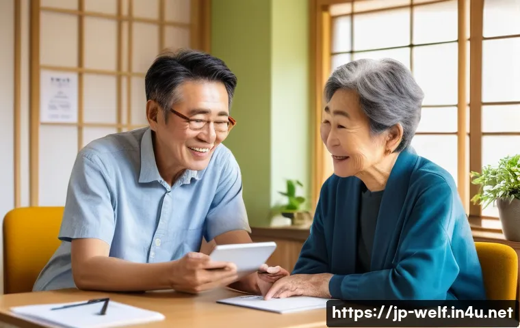 사회복지사 취업 후 직무 훈련 - A professional social worker in a modern Japanese community center, engaging in active listening dur...
