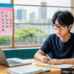 사회복지사 자격증 취득 방법 - A modern Japanese study room scene featuring a diligent young adult wearing casual clothes and glass...