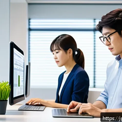 사회복지사 복지 현장 변화 사례 - A modern Japanese welfare facility office scene featuring diverse staff members collaborating using ...