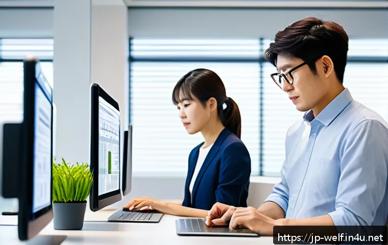 사회복지사 복지 현장 변화 사례 - A modern Japanese welfare facility office scene featuring diverse staff members collaborating using ...
